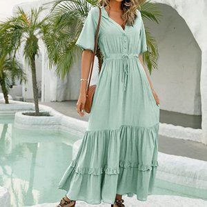 R. VIVIMOS Womens Green Cotton Summer Bohemian Maxi Dress - Sz L - NEW w/o TAGS